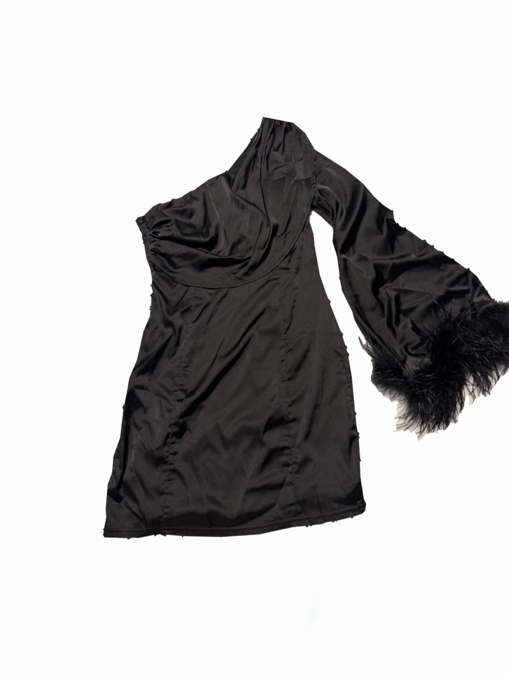 One-Shoulder Black Feather-Trim Chemise